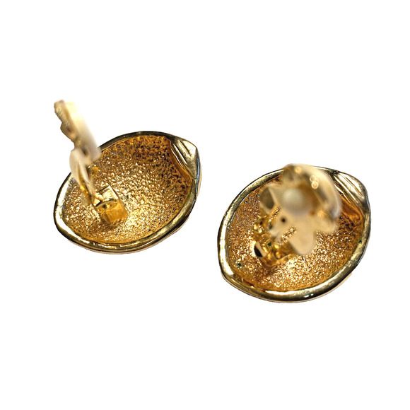 Vintage 80’s Clip On Earrings Chunky Fashion Gold & Teal Green Enamel Oval Domes - Picture 4 of 7